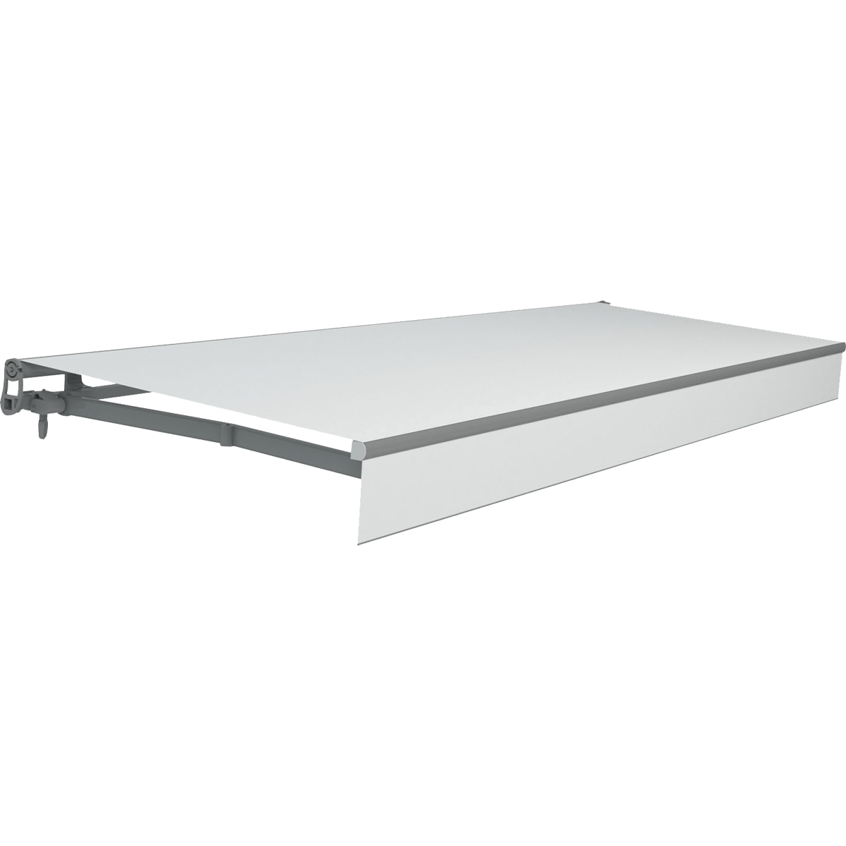Pearl folding arm awning with decorative front cassette and patterned finish