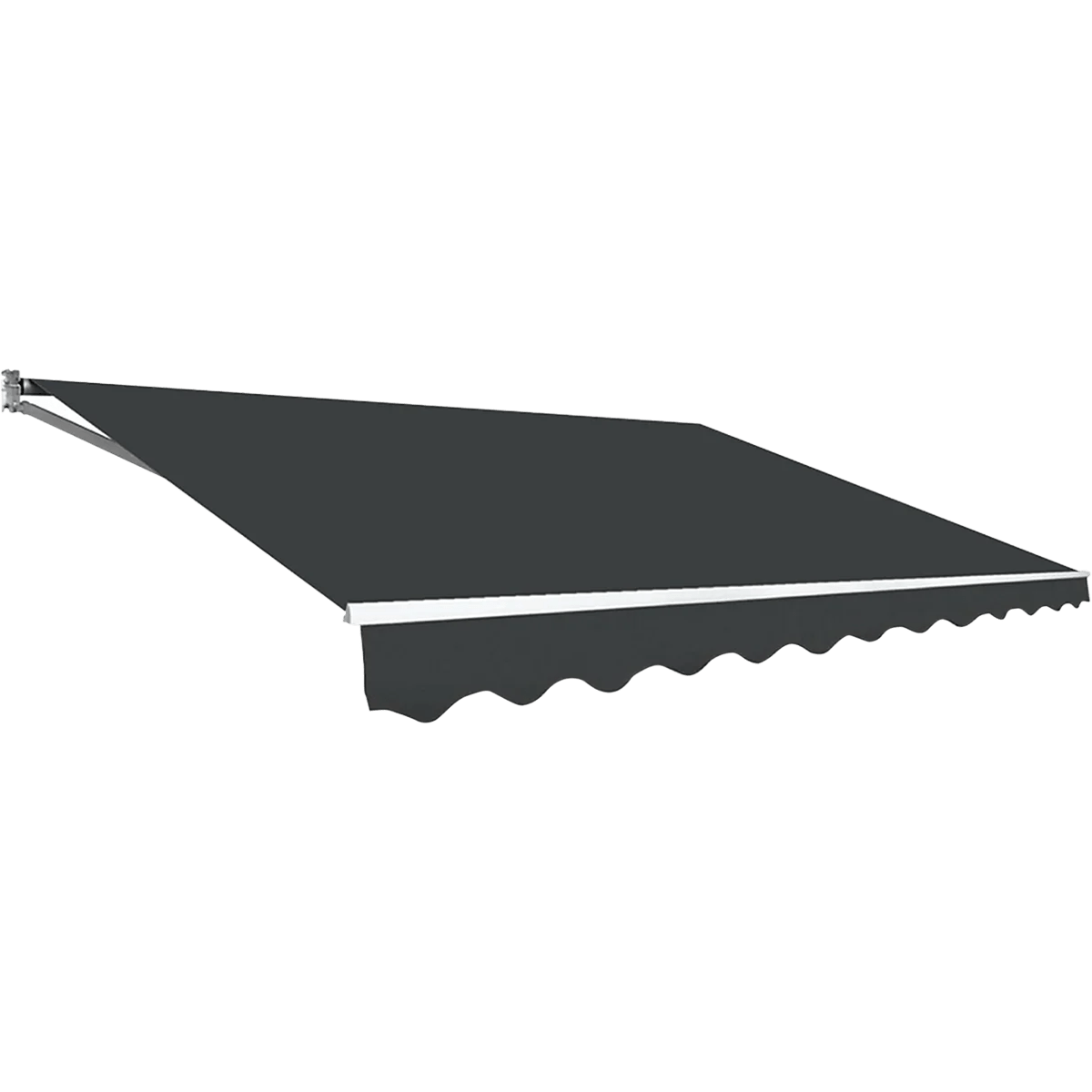 Wall-mounted folding arm awning fully extended over a terrace